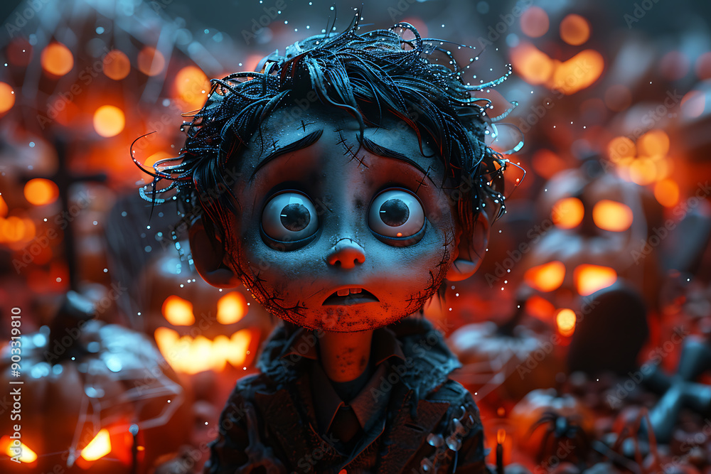 A funny 3D cartoon vampire stands in the center with a background of spider webs, pumpkins, graves, and burning candles, creating a dark but festive Halloween atmosphere A funny 3D cartoon vampire stands in the center with a background of spider webs, pumpkins, graves, and burning candles, creating a dark but festive Halloween atmosphere