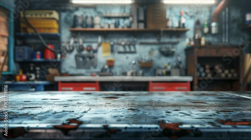 Empty workbench in a bustling workshop, tools and supplies create a backdrop of industry.