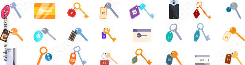 Door key hotel room icons set. Hotel key with keycard and room number tag hanging on wall holding using keyring set