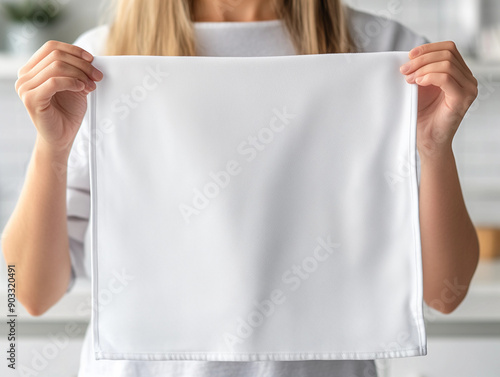 Woman holding blank white tea towel kitchen cloth suitable for print on demand mockup minimalist plain textile fabric clean background neutral design space POD photo