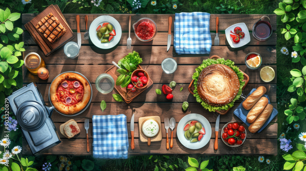 Fototapeta premium Aerial view of an outdoor picnic table filled with various foods, showcasing a colorful and appetizing spread.