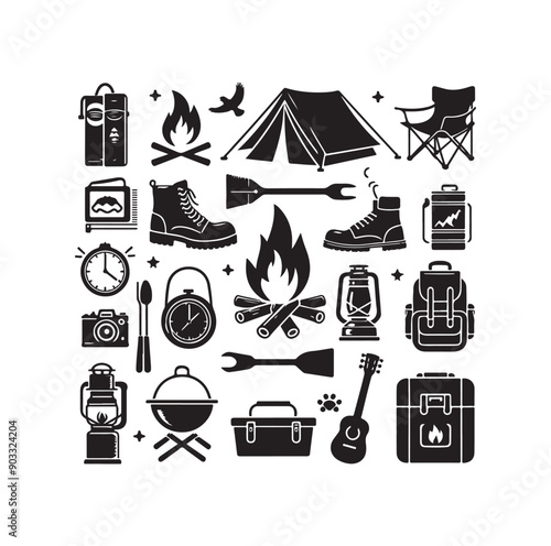 Camping elements set silhouette vector