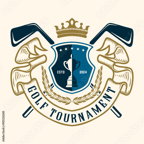 golf logo. vintage shield ribbon ornament emblem for golf sport
