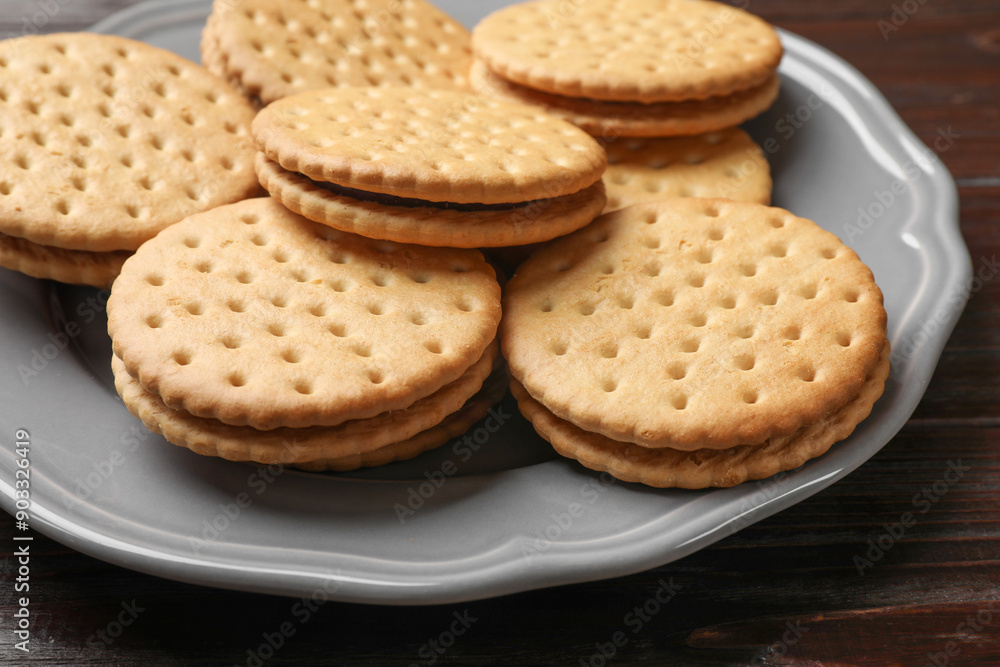 Fresh tasty sandwich cookies on table, closeup Fresh tasty sandwich cookies on table, closeup