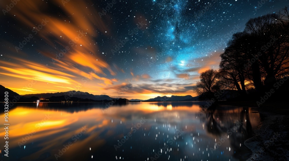 Fototapeta premium A serene landscape featuring a vast starry sky at dusk, with the silhouette of distant mountains and a gently flowing river reflecting the twilight hues. Stars are scattered across the sky, creating