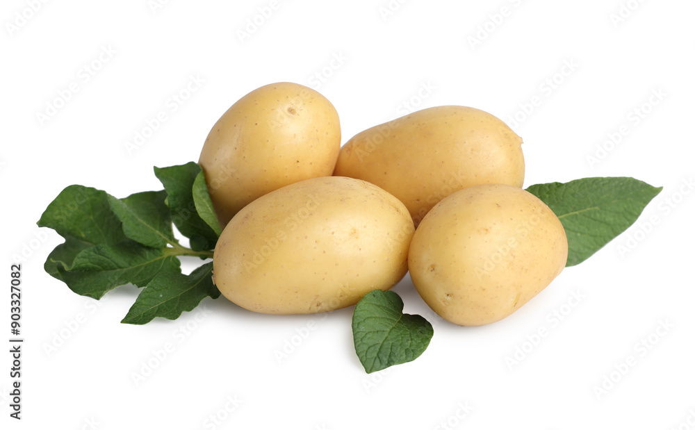Fresh raw potatoes and green leaves isolated on white Fresh raw potatoes and green leaves isolated on white