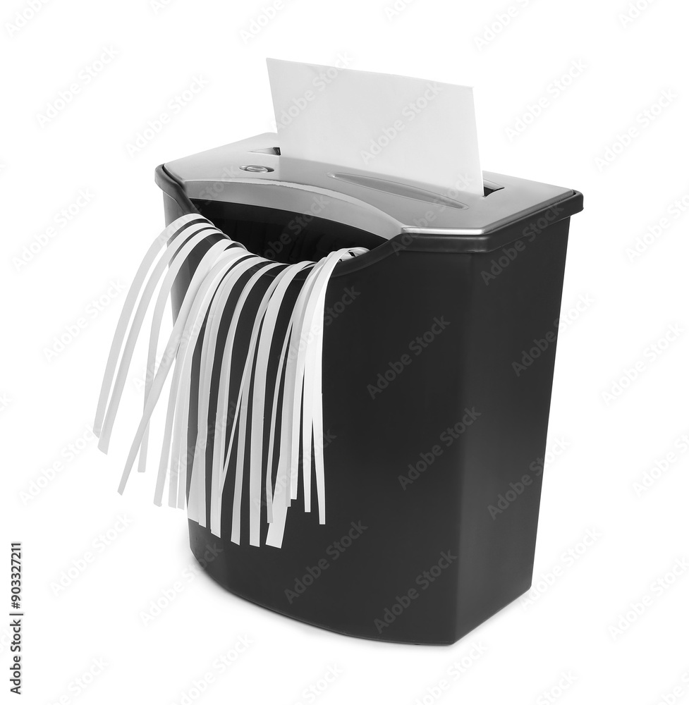 Destroying sheet of paper with shredder on white background Destroying sheet of paper with shredder on white background