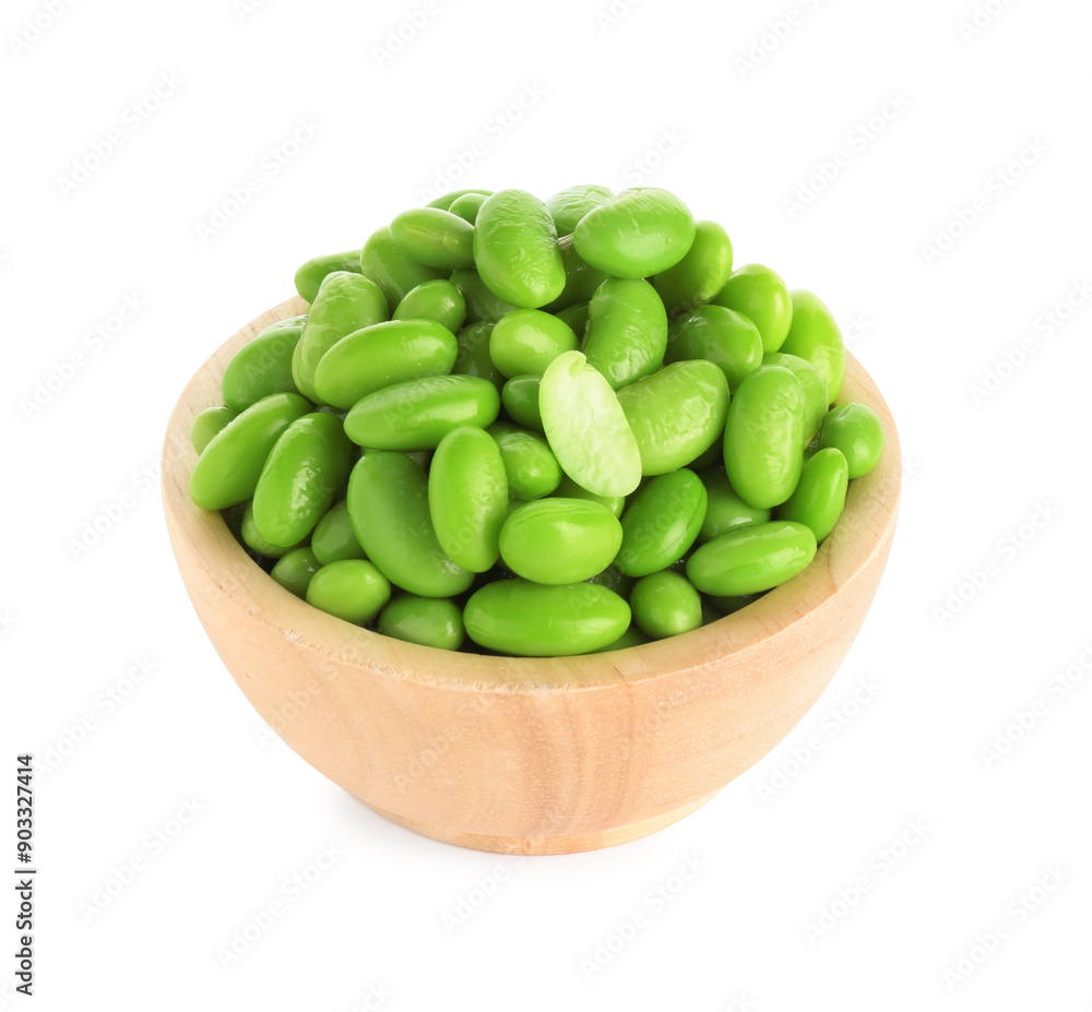 Raw green edamame soybeans in bowl isolated on white Raw green edamame soybeans in bowl isolated on white
