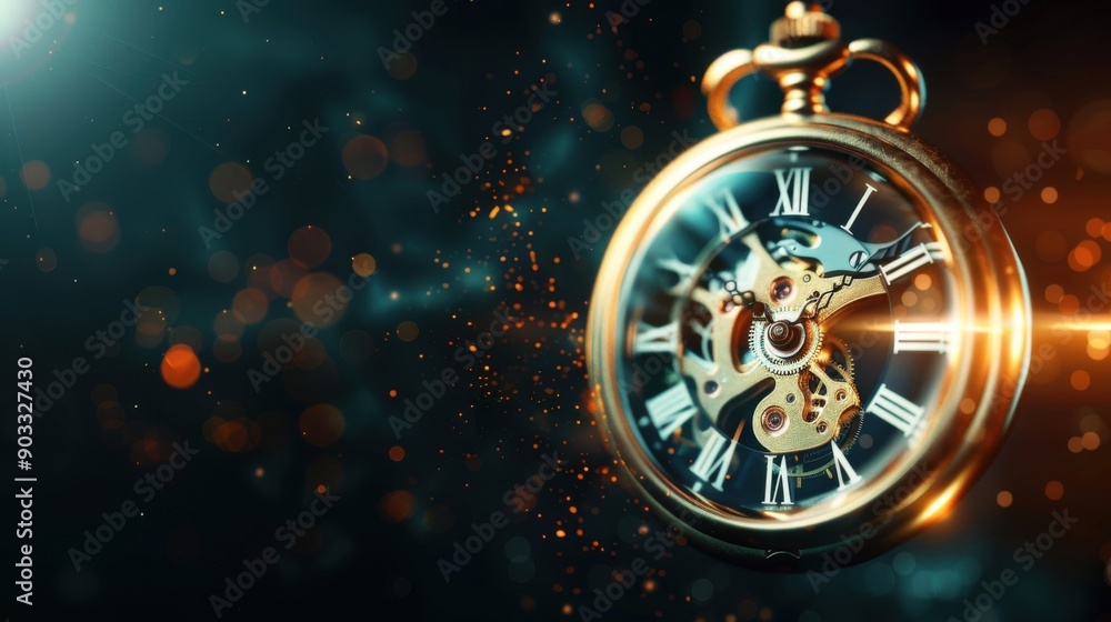 Surrealistic 3D flat illustration of an old pocket watch floating in the vastness of space, with a minimalist design that emphasizes its intricate gears and roman numerals, set against a deep, Surrealistic 3D flat illustration of an old pocket watch floating in the vastness of space, with a minimalist design that emphasizes its intricate gears and roman numerals, set against a deep,