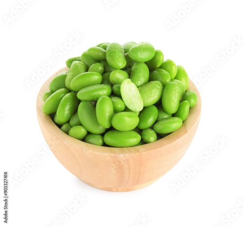 Raw green edamame soybeans in bowl isolated on white