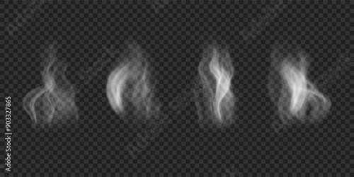 Set of wavy steam on water, tea, coffee, food. Realistic icons of white hot smoke isolated on transparent backdrop
