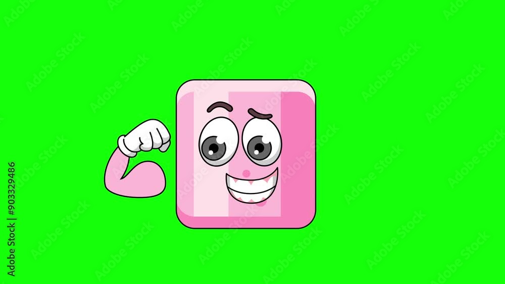 Flexing muscle of marshmallow pink cartoon, strong pose mascot animation on a green screen Flexing muscle of marshmallow pink cartoon, strong pose mascot animation on a green screen