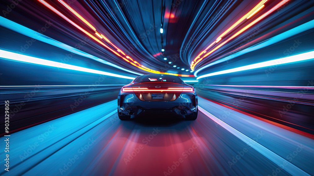 A modern car driving through an underground tunnel with blue and red lights A modern car driving through an underground tunnel with blue and red lights