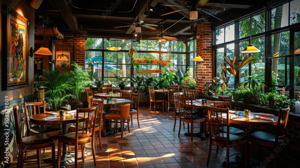 Inviting restaurant interior featuring cozy seating, abundant natural light, and lush green plants creating a warm, welcoming atmosphere. Inviting restaurant interior featuring cozy seating, abundant natural light, and lush green plants creating a warm, welcoming atmosphere.