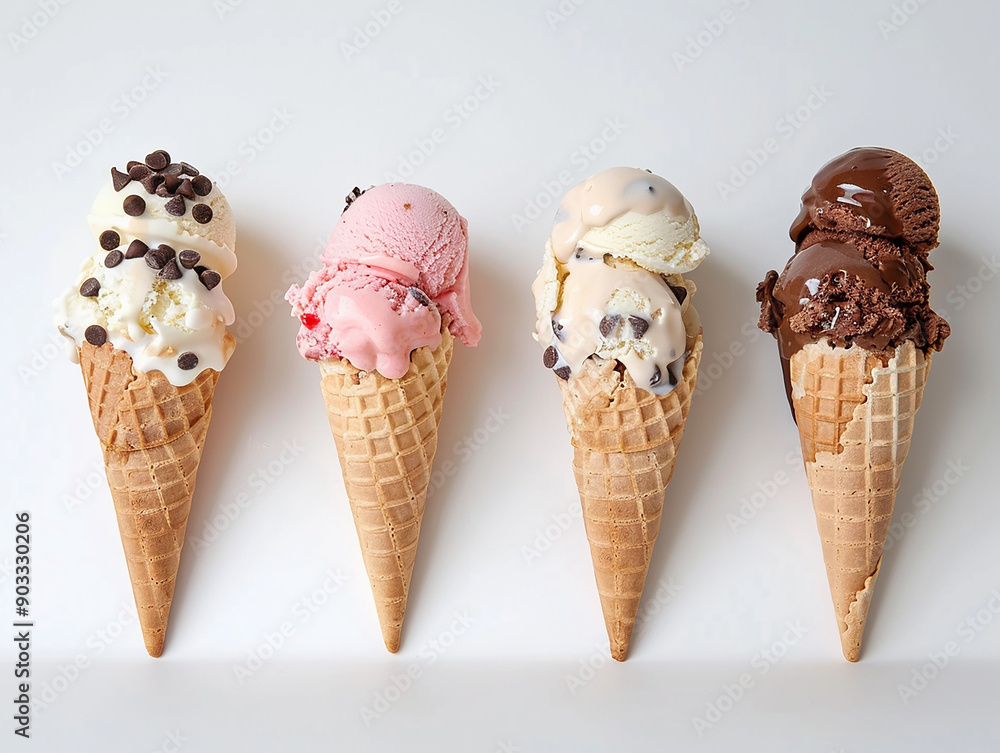 Assorted Ice Cream Cones with Vanilla, Chocolate, and Strawberry Flavors Assorted Ice Cream Cones with Vanilla, Chocolate, and Strawberry Flavors