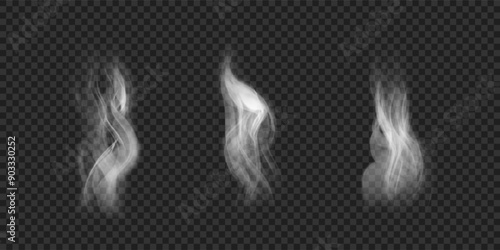 Steam over food, hot drink, cigarette smoke. Vector illustration. White wavy haze. Set of realistic icon