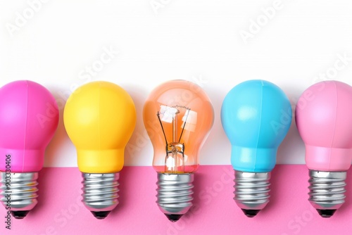 Row of colorful light bulbs against a white background emphasizing diversity and creativity.