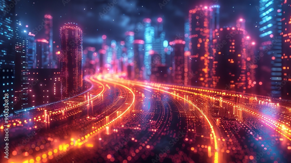 Illustration with neon lit highway surrounded by skyscrapers. Illustration with neon lit highway surrounded by skyscrapers.