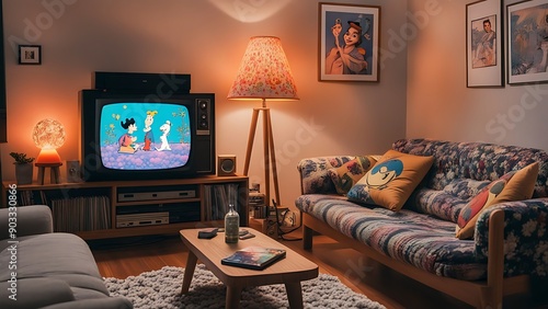 A cozy 90s living room featuring a tube TV playing classic cartoons, VHS tapes on a wooden shelf, a floral-patterned sofa with a knitted blanket, and a lava lamp on a side table.