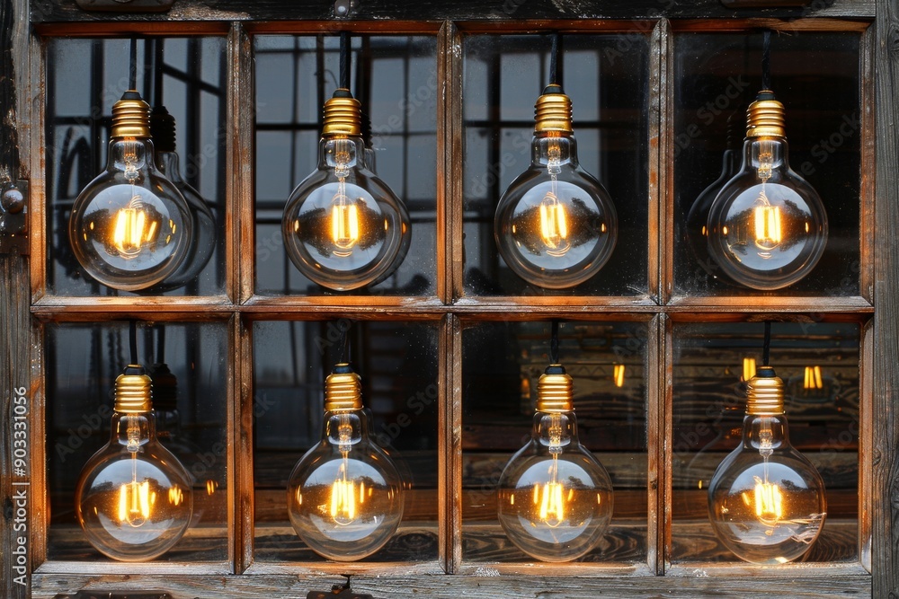 Obraz premium Vintage light bulbs in a wooden crate showcasing rustic charm and warm light.