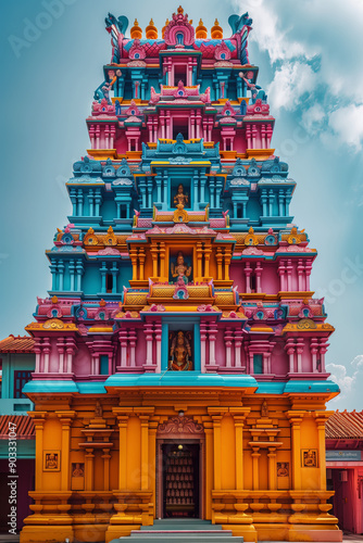 Vibrant Multicolored Hindu Temple with Intricate Architecture and Cultural Significance, Capturing the Essence of Tradition and Spirituality