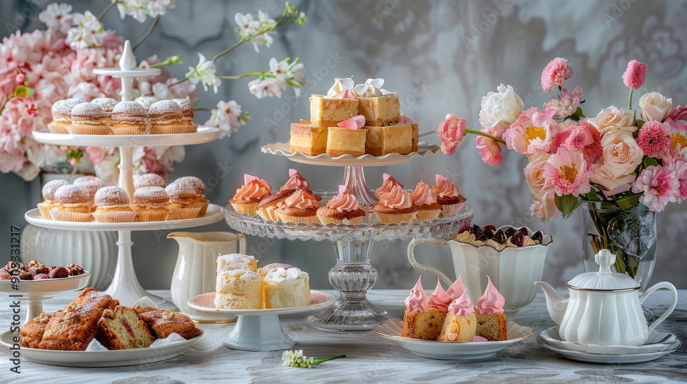 An elegant display of assorted pastries, cakes, and desserts on a table decorated with flowers, perfect for a celebration. An elegant display of assorted pastries, cakes, and desserts on a table decorated with flowers, perfect for a celebration.