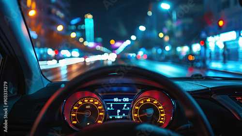 The view from the driver's seat of an electric car driving on city streets at night