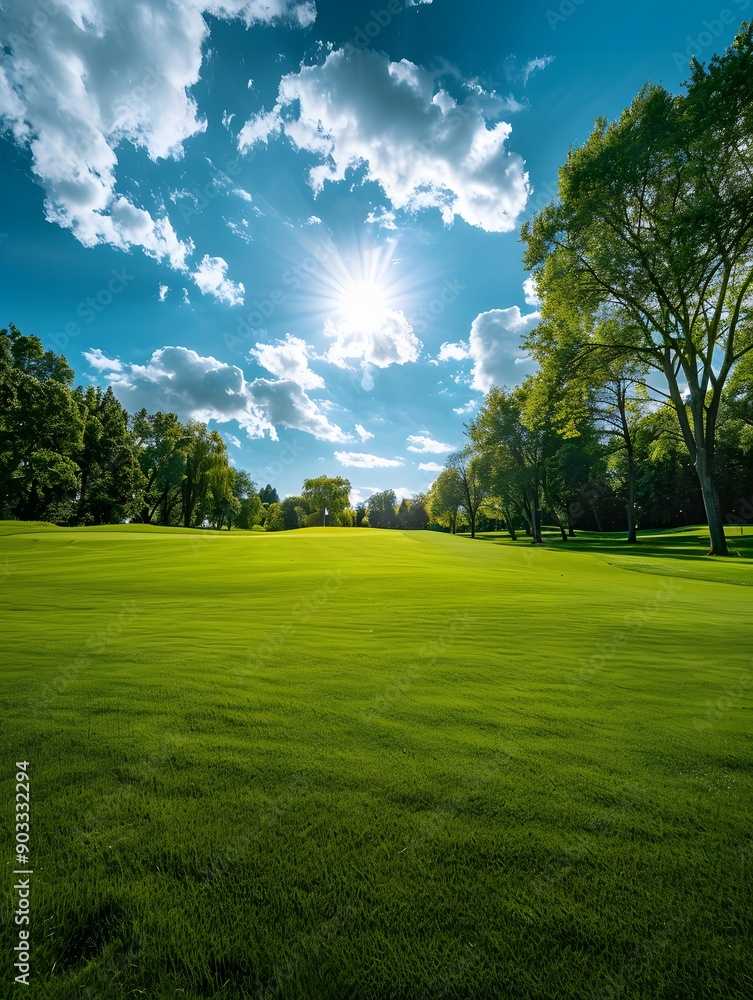 Bright Green Golf Course with Blue Sky and Trees Bright Green Golf Course with Blue Sky and Trees
