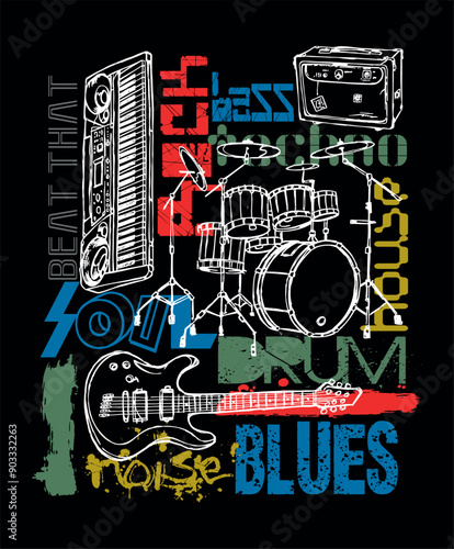 Illustration of old musical instruments and lettering. Art in a casual style for prints on t-shirts, decoration, etc.
