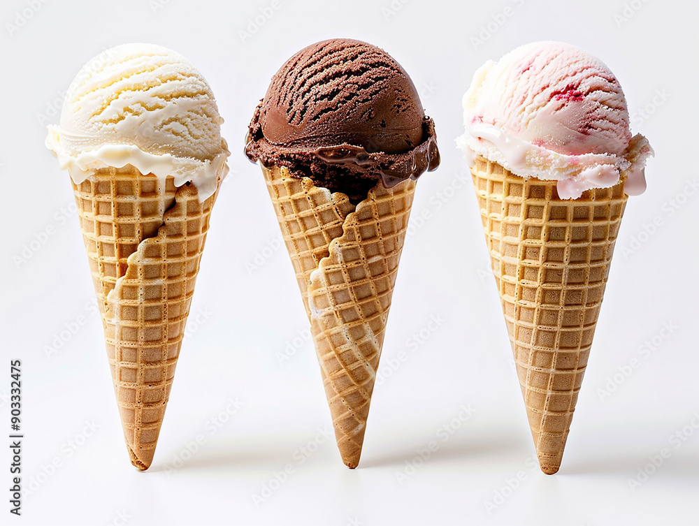 Assorted Ice Cream Cones with Vanilla, Chocolate, and Strawberry Flavors Assorted Ice Cream Cones with Vanilla, Chocolate, and Strawberry Flavors