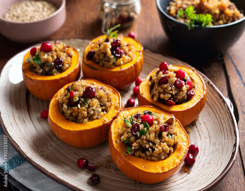 Roasted butternut squash rounds filled with a lightly spiced chestnut, quinoa and lentil stuffing scattered with dried cranberries. vegan, gluten-free and so wonderful. photo