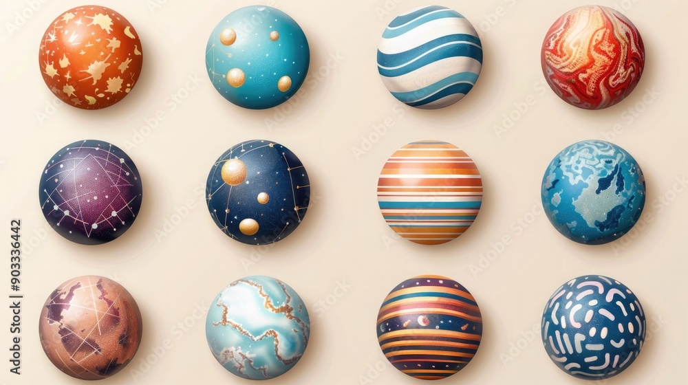 Fototapeta premium Colorful planet illustrations arranged in a grid, representing various celestial bodies with unique textures and patterns.