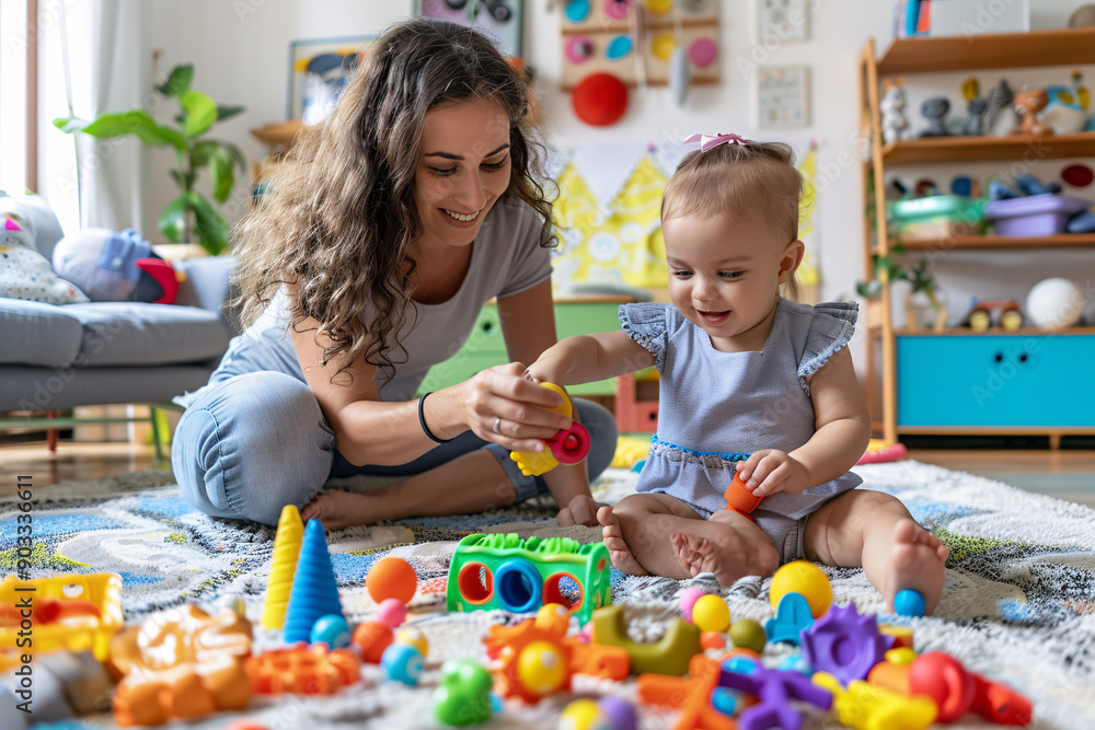 Fototapeta premium Mother and daughter engaging in Montessori play to enhance sensory and motor skills with colorful toys