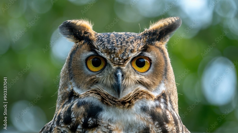Close-up of a great horned owl with yellow eyes in a natural setting, showcasing intricate feather details and intense gaze. Close-up of a great horned owl with yellow eyes in a natural setting, showcasing intricate feather details and intense gaze.