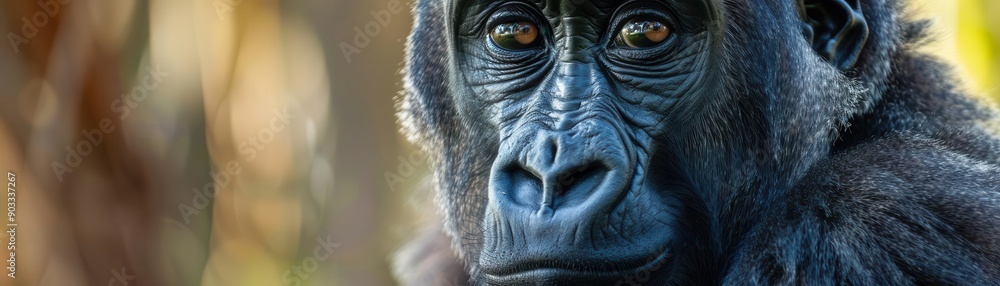Close-up portrait of a gorilla with intense eyes, showcasing intricate facial details and emotional expression in a natural habitat. Close-up portrait of a gorilla with intense eyes, showcasing intricate facial details and emotional expression in a natural habitat.