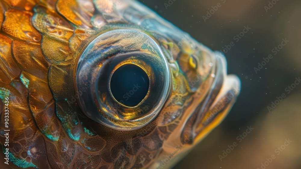 Macro close-up of a fish eye with colorful scales and intricate details, showcasing marine life and underwater beauty. Macro close-up of a fish eye with colorful scales and intricate details, showcasing marine life and underwater beauty.