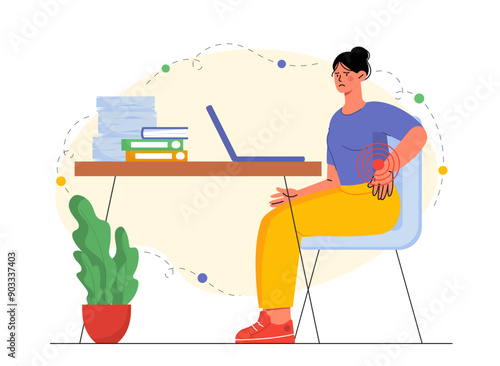 Woman with back pain. Young girl in office sits at table and holds her lower back. Spinal ache and scoliosis. Worker at uncomfortable workplace. Flat vector illustration