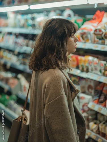 A woman browsing through the aisles of a grocery store, considering her options