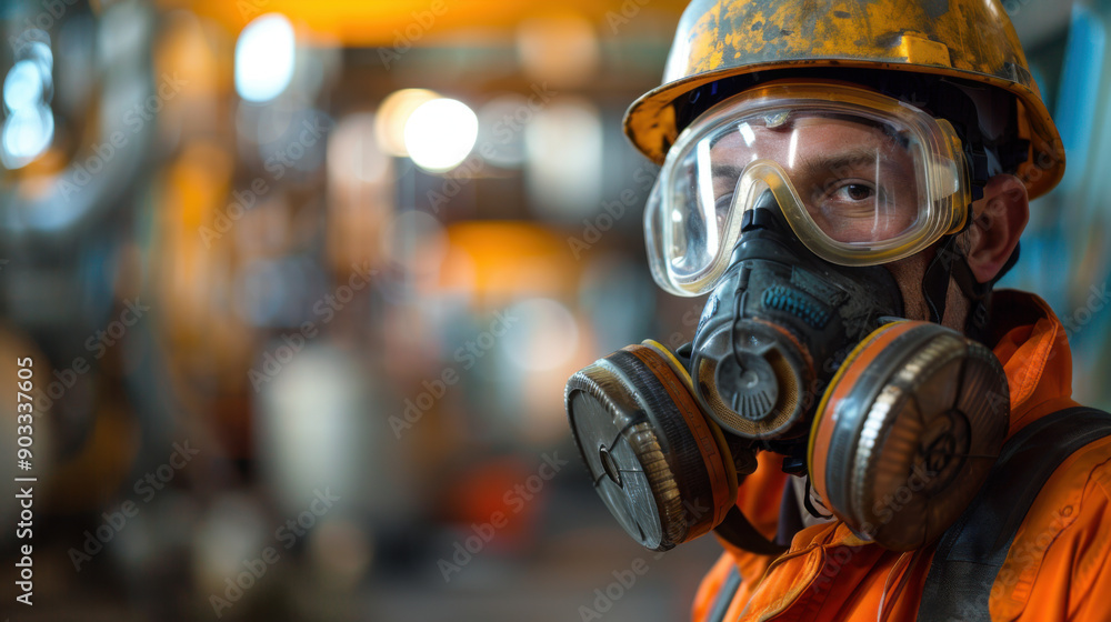 Close-up of an industrial worker with a protective mask and goggles, highlighting safety in hazardous environments. Close-up of an industrial worker with a protective mask and goggles, highlighting safety in hazardous environments.