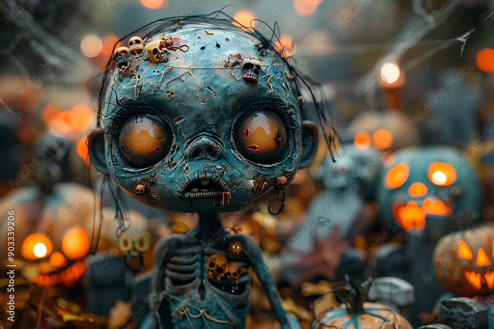 A funny 3D cartoon zombie stands in the center with a background of spider webs, pumpkins, graves, and burning candles, creating a dark but festive Halloween atmosphere A funny 3D cartoon zombie stands in the center with a background of spider webs, pumpkins, graves, and burning candles, creating a dark but festive Halloween atmosphere