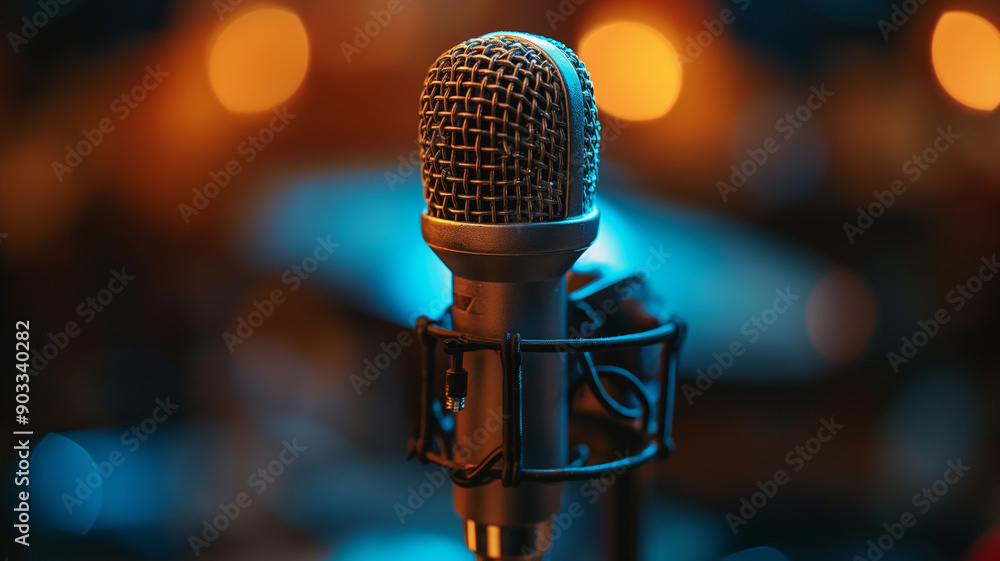 A stunning close-up of a professional podcasting microphone with vibrant bokeh lighting in the background, creating a focused and dramatic scene. A stunning close-up of a professional podcasting microphone with vibrant bokeh lighting in the background, creating a focused and dramatic scene.