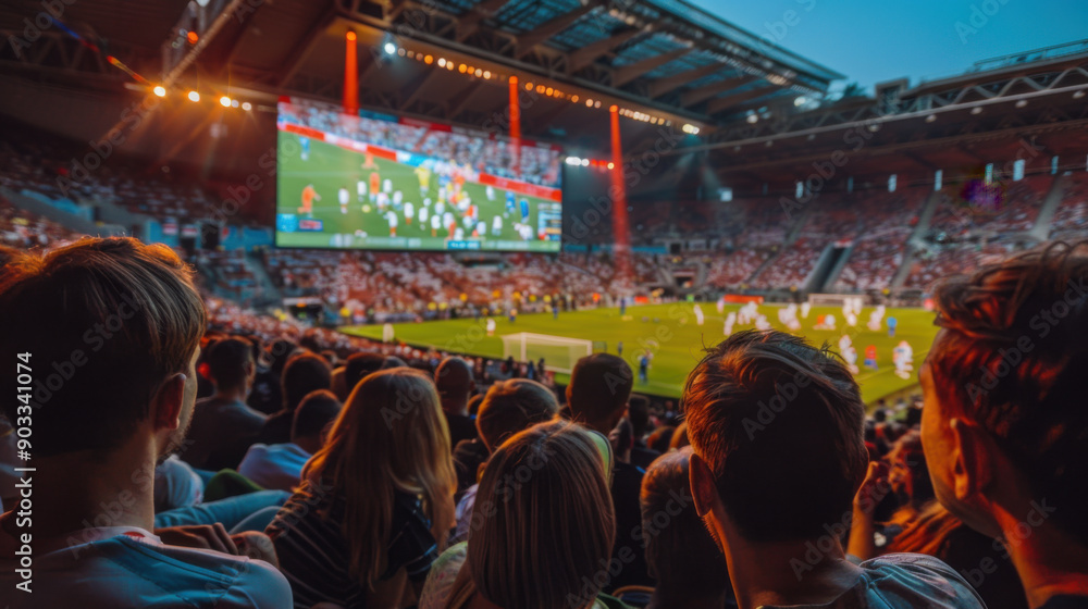 A packed soccer stadium at night, filled with excited fans watching a live match on a large screen. A packed soccer stadium at night, filled with excited fans watching a live match on a large screen.