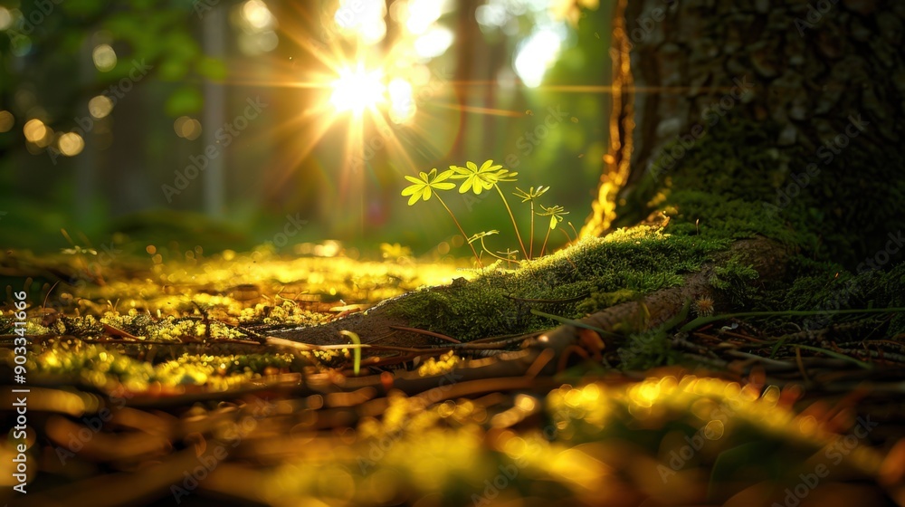 Detailed shot of a patch of moss and grass on sunlit clay soil, showcasing intricate patterns of the tree root system intertwined with small, delicate flowers scattered throughout, with sunbeams Detailed shot of a patch of moss and grass on sunlit clay soil, showcasing intricate patterns of the tree root system intertwined with small, delicate flowers scattered throughout, with sunbeams