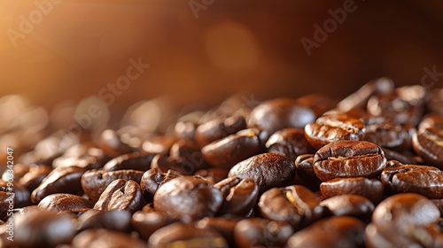 Close up shot of roasted coffee beans with a rich, dark brown background, highlighting the glossy surface and intricate textures of the beans photo