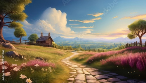 Peaceful Countryside Path with Cottage at Sunset