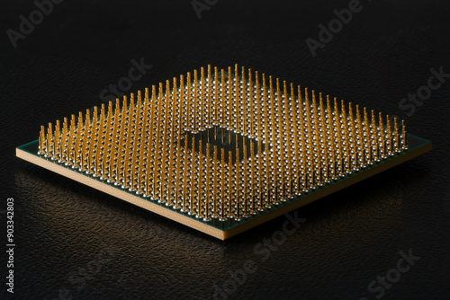 Obraz na płótnie Low angle view of CPU processor chip pin side up isolated on black