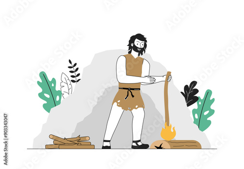 Caveman with fire. Neanderthal makes bonfire in cave. Tribal people history and ancient scene. Primitive person with wooden logs. Linear vector illustration