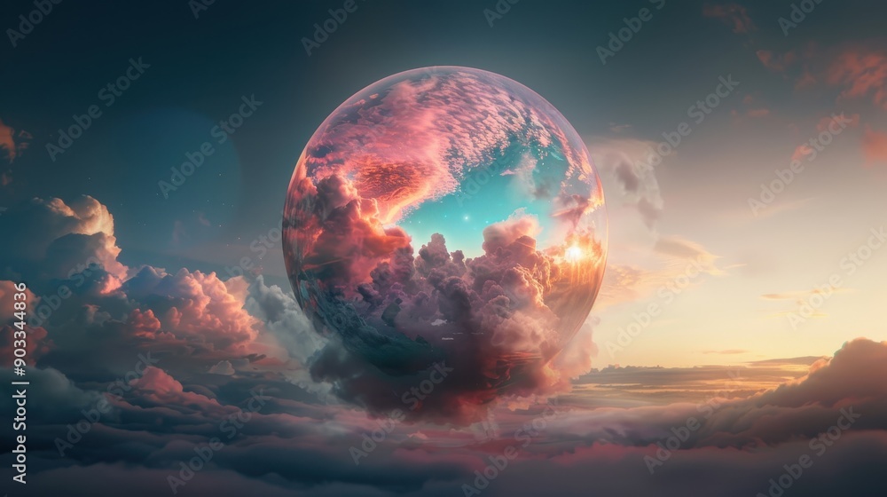 Surreal Floating Sphere in a Dreamy Sky with Vibrant Clouds and Ethereal Light at Sunset Surreal Floating Sphere in a Dreamy Sky with Vibrant Clouds and Ethereal Light at Sunset