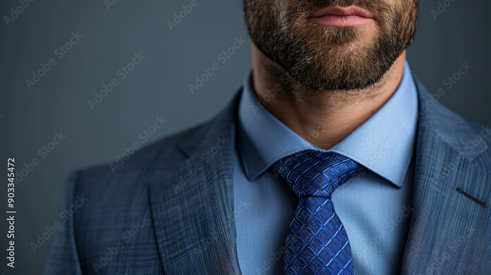 Close-up of a businessman in a blue suit and tie, featuring a stylish beard, symbolizing professionalism and modern business. Close-up of a businessman in a blue suit and tie, featuring a stylish beard, symbolizing professionalism and modern business.