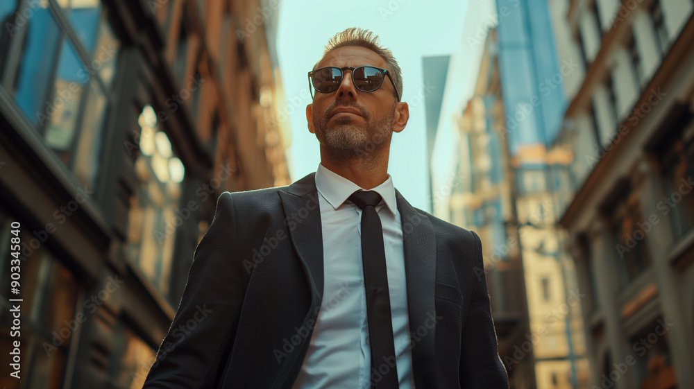 A photograph depicting a confident man in a suit and sunglasses standing on a city street, symbolizing modern urban style and professionalism. A photograph depicting a confident man in a suit and sunglasses standing on a city street, symbolizing modern urban style and professionalism.